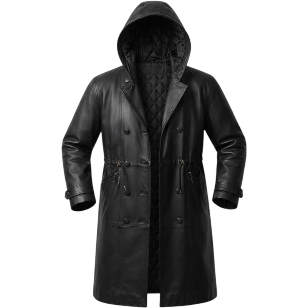 Middlebrook Park Black Leather Hooded Trench Coat Long Double Breasted Jacket M